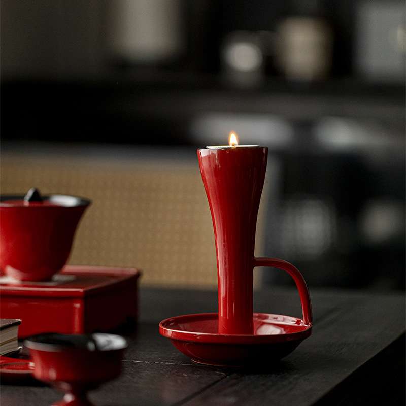 中式国风陶瓷烛台 赭红蜡烛底座酥油灯茶道长明灯佛供灯