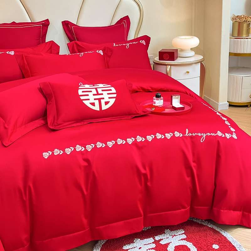 高档中式婚庆四件套简约红色被套喜庆结婚床上用品新婚陪嫁床笠款