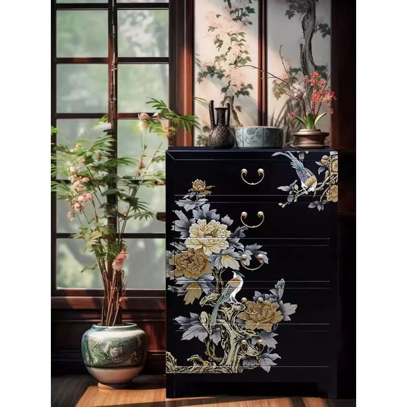 扬州漆器厂新中式彩绘花鸟五斗柜储物柜客厅靠墙餐边柜卧室梳妆台