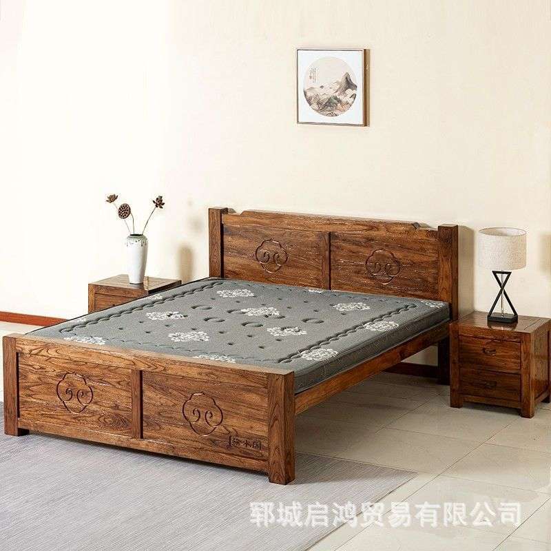 老榆木床带储物抽屉新中式实木主卧双人床简约床框架仿古简易家具