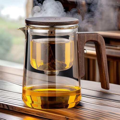 飘逸杯泡茶壶全玻璃内胆磁吸一键过滤家用茶具套装胡桃木把泡茶杯
