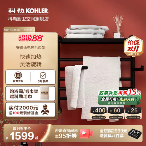 科勒智能电热毛巾架浴室架子卫生间加热烘干浴巾架置物架29354T