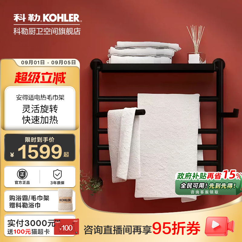 科勒智能电热毛巾架浴室架子卫生间加热烘干浴巾架置物架29354T图片