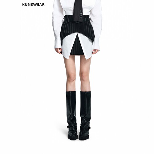 KUNSWEAR/琨丝薇尔26FA 复古条纹不规则叠片腰带半身裙 846007071