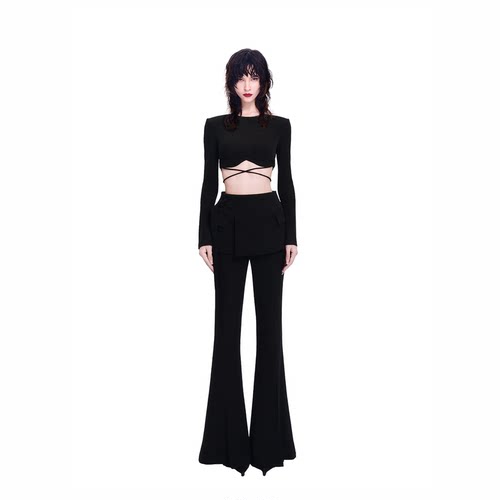 KUNSWEAR/琨丝薇尔酷感极简短款露腰交叉绑带上衣 842004330