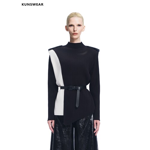 KUNSWEAR/琨丝薇尔26FA 黑白拼色高领收腰肩扣修身毛衣 846004301