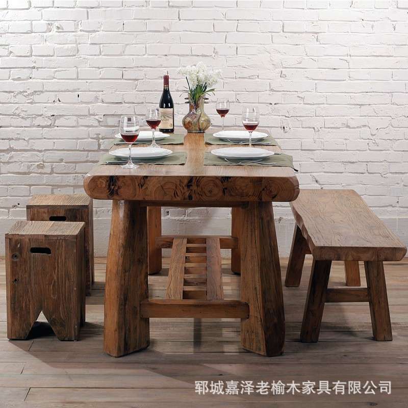 实木餐桌老榆木长方形茶饭桌全实木中式家具饭店民宿圆木桌家用