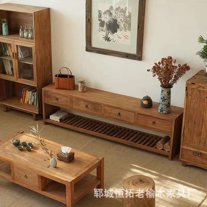 老榆木客厅影视柜落地式矮柜实木电视柜禅意民宿地柜老榆木家具柜