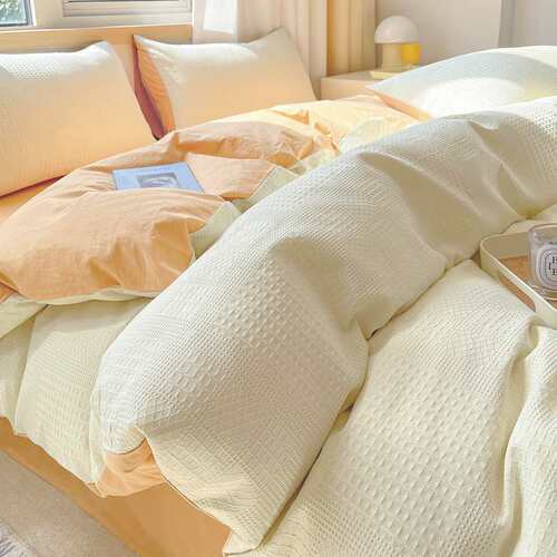 原生态A类华夫格全棉四件套超柔水洗棉床单被套纯棉床笠床上用品