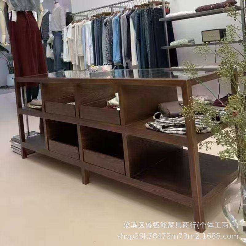 SJN网红实木中岛柜服装店流水台置物架饰品陈列摆台胡桃色展示架
