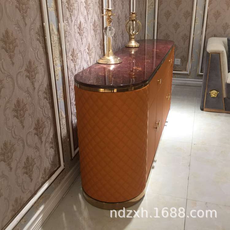 后现代贴皮餐边柜客厅双门带抽屉储物柜大理石边柜备餐桌轻奢现代