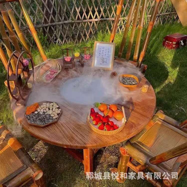 中式老榆木围炉冰茶桌阳台户外烧烤桌便携式露营做旧老门板冰茶桌
