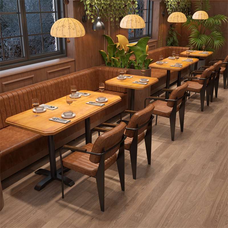 复古美式咖啡厅实木餐桌小吃店休闲长桌子饭店西餐厅一桌四椅组合