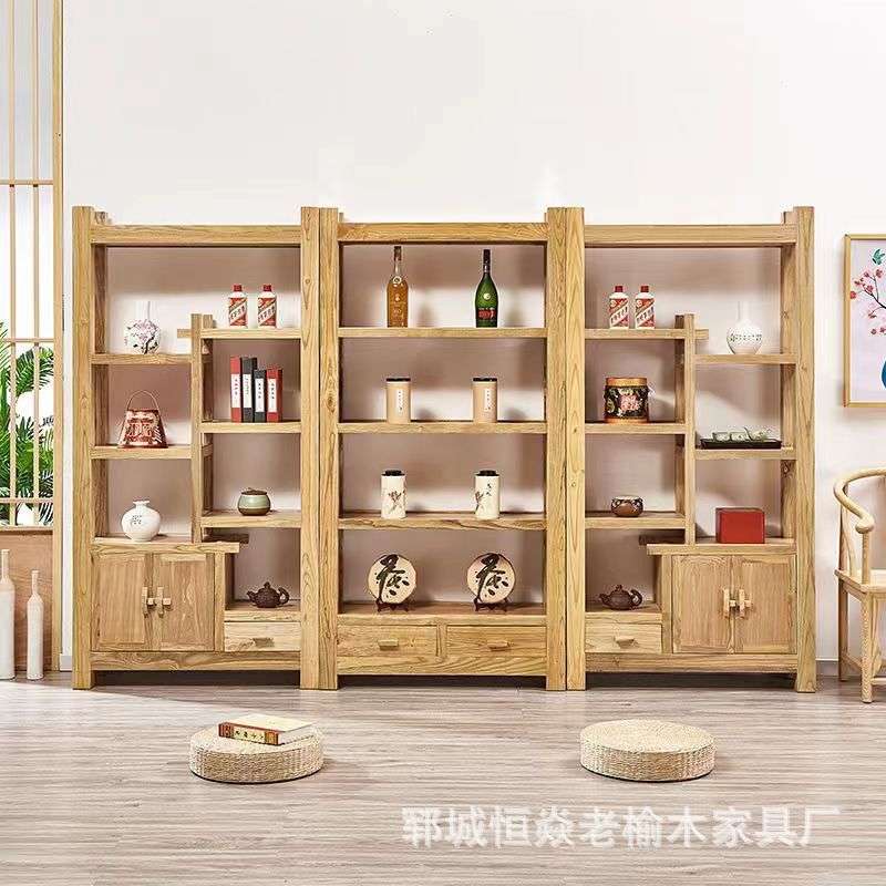 新中式老榆木博古架黑胡桃书柜多宝阁实木展示柜书架茶室置物架