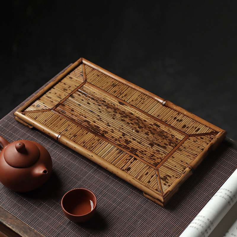 新款梅鹿竹制藤席面托盘长方形茶道茶具配件干泡台奉茶盘杯垫壶承