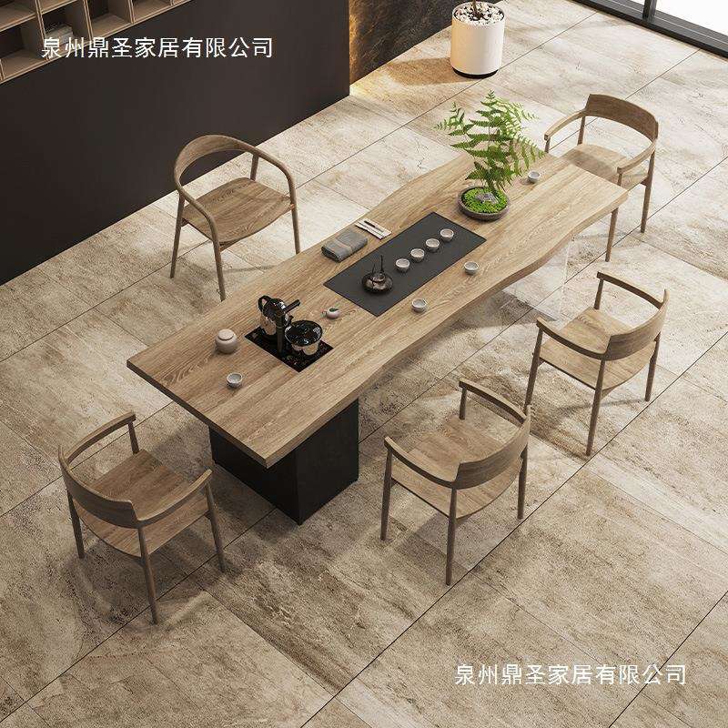 新中式实木曲边茶桌椅组合 亚克力长凳腿洽谈桌椅 会客仿古泡茶桌