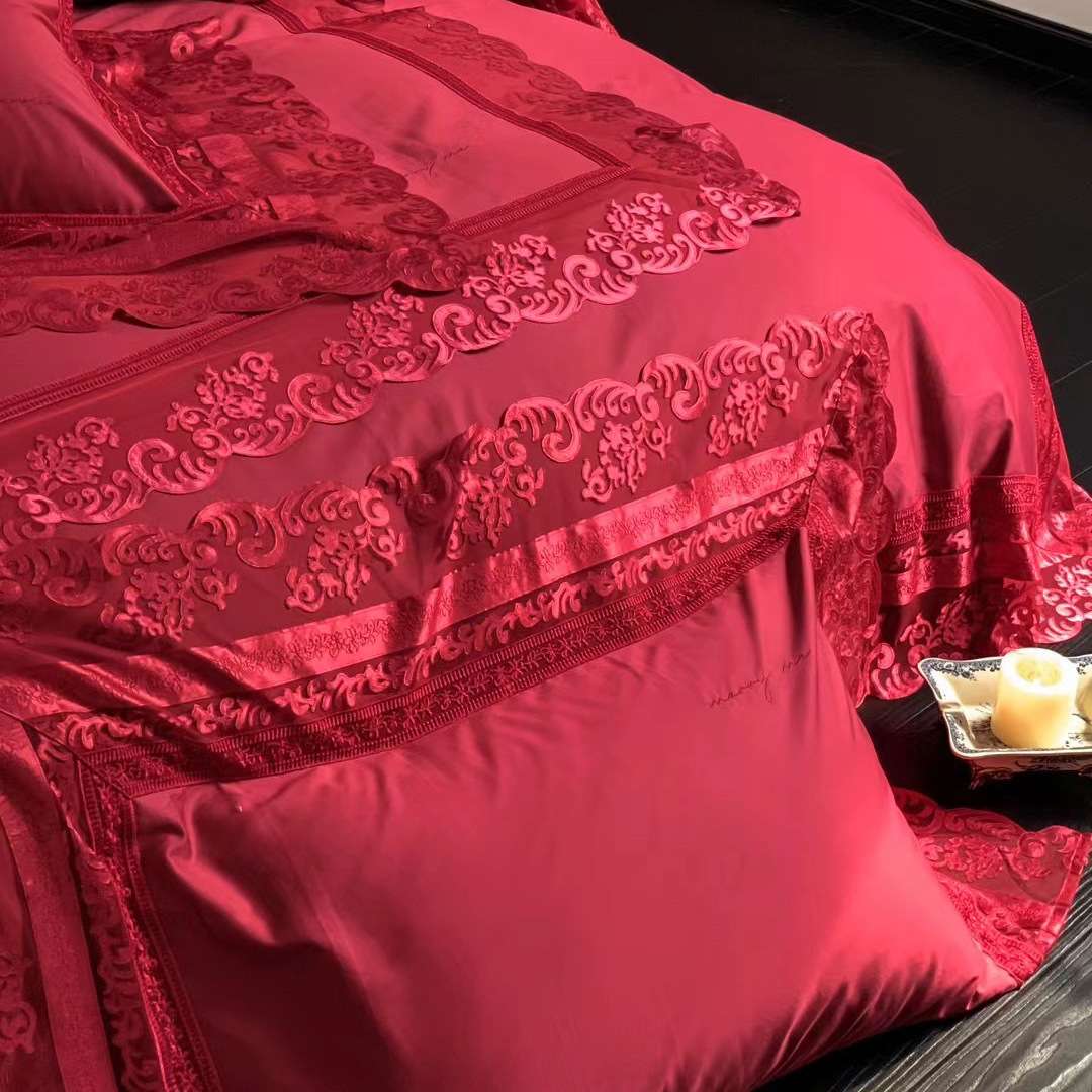 新中式婚庆全棉50支双股贡缎长绒棉四件套蕾丝大红结婚喜庆床品