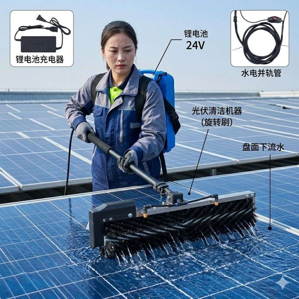 光伏板清洁设备滚刷干洗水洗电动太阳能板清洗机光伏运维设备