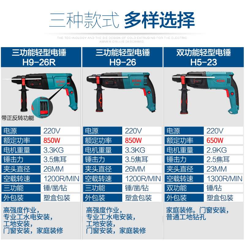 博大H9-26R电锤大功率多功能冲击钻两用工业级电钻电镐三用轻型锤