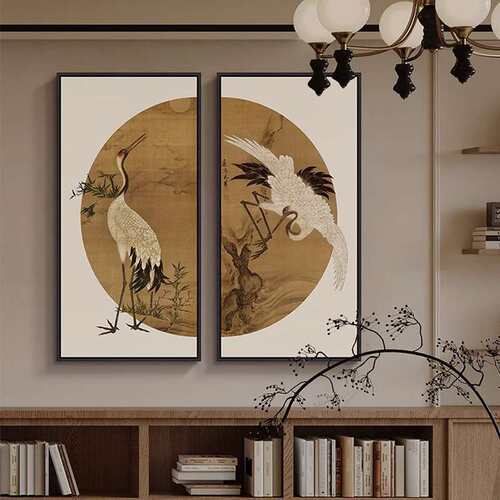 双鹤齐鸣中古风玄关花鸟装饰画新中式正对门入户挂画茶室客厅壁画