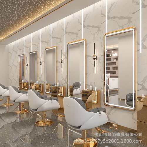 理发店镜子发廊专用美发店镜台网红单双面烫染潮款带灯落地剪发镜