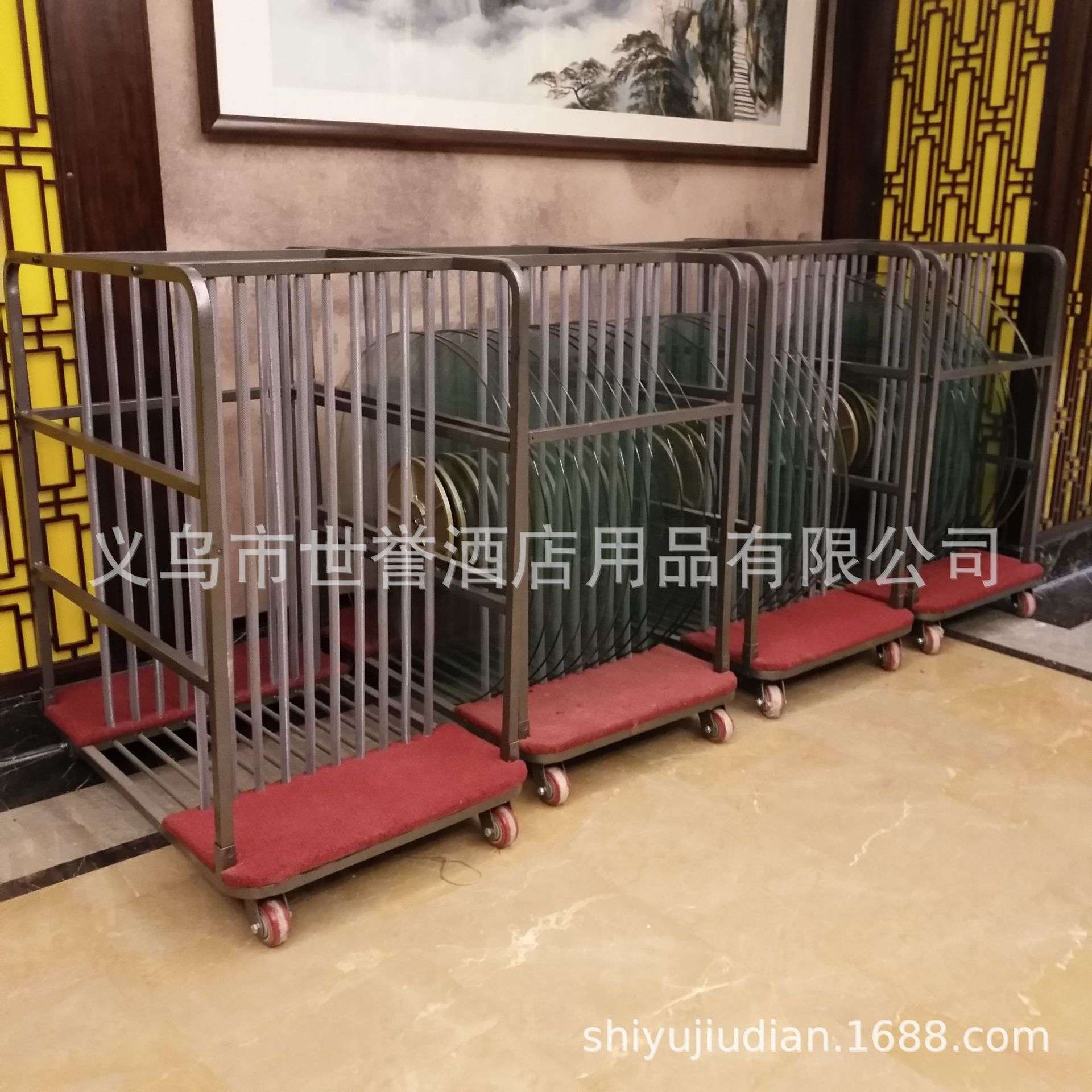 杭州星级酒店宴会家具 宴会厅玻璃转盘运输车 转盘手推车收纳车