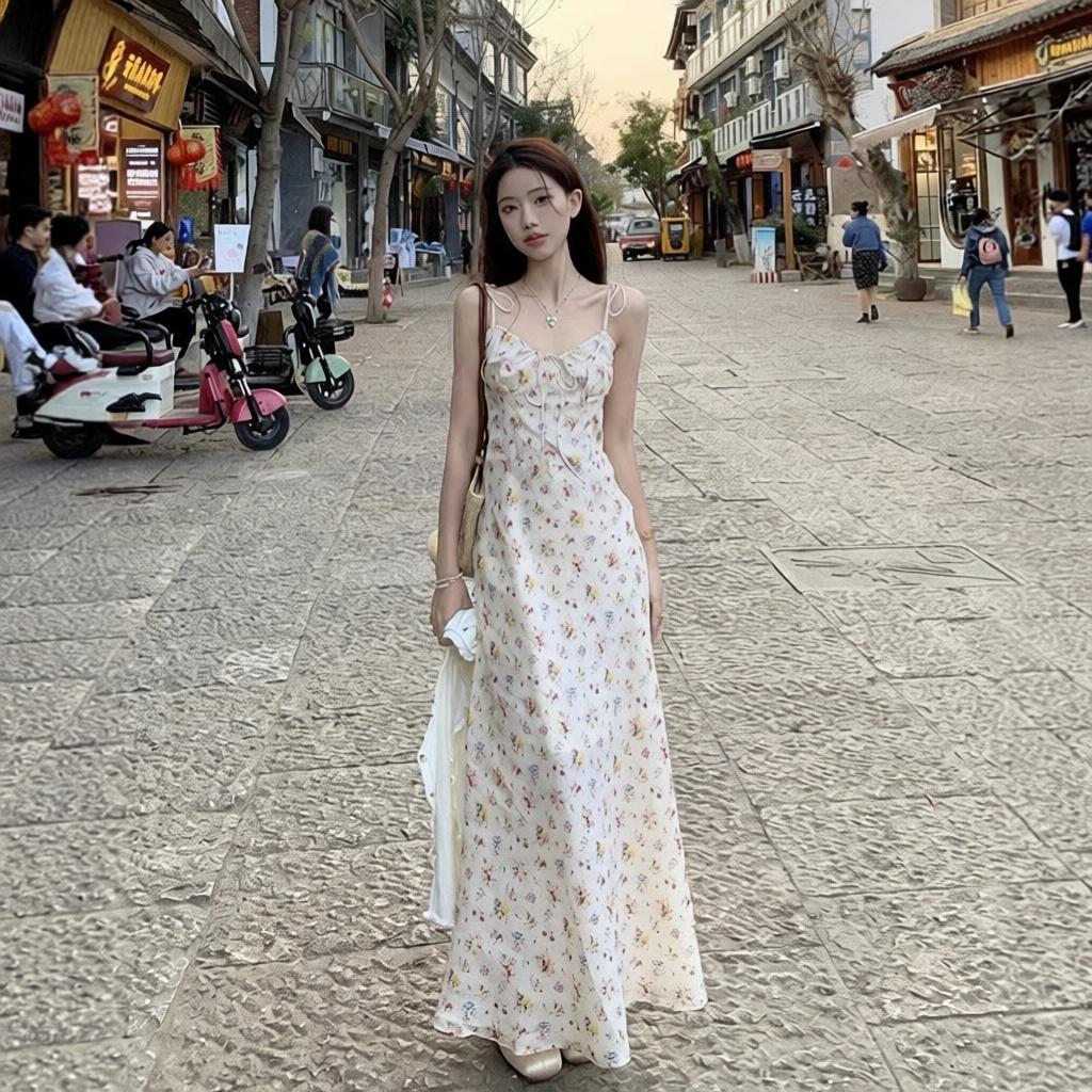 法式碎花吊带收腰显瘦长裙