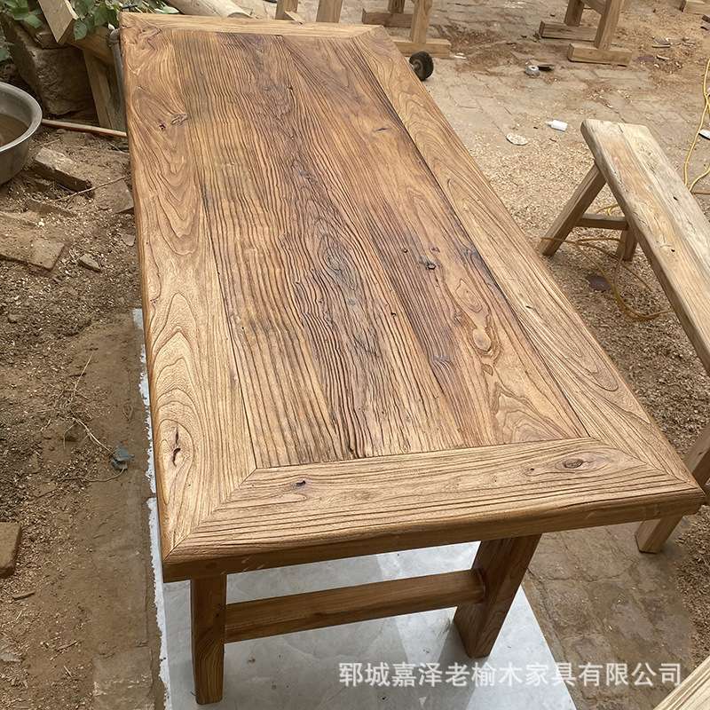 老榆木桌复古老木板茶桌原木禅意餐桌门板北方实木吧台家用长桌椅