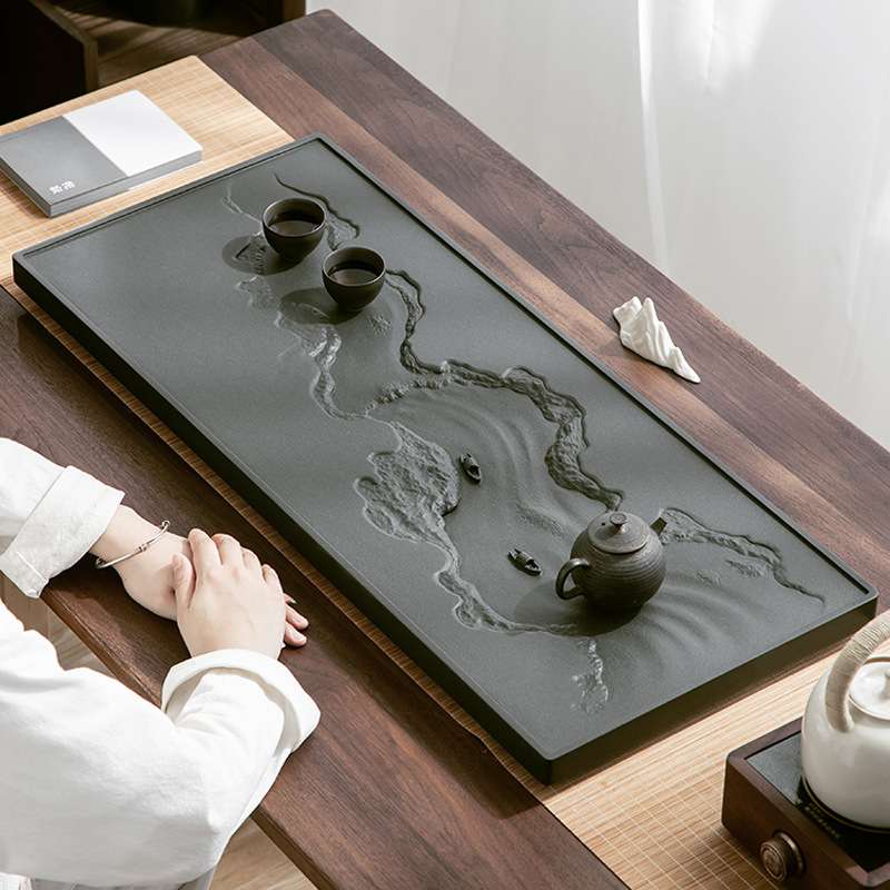 天然乌金石茶盘手工雕刻高端石头茶台家用简约中式功夫石材茶海托