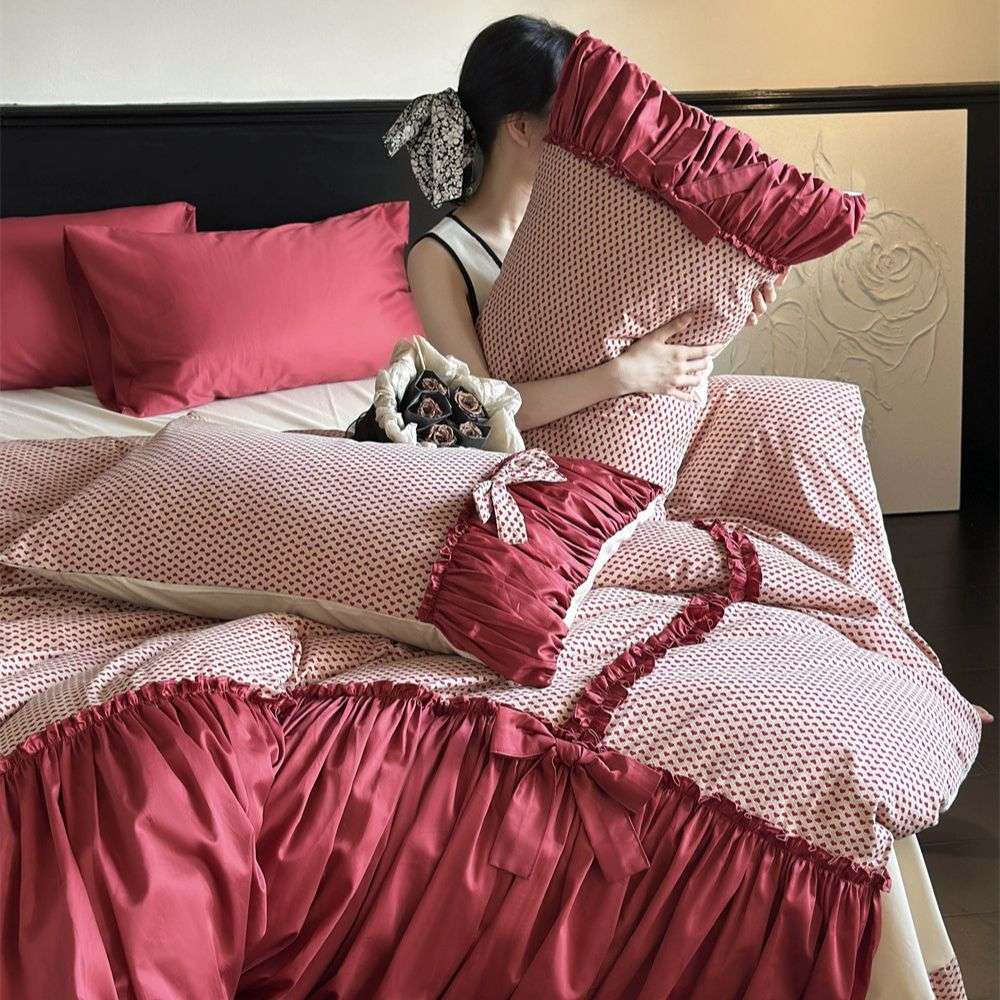 爱意与浪漫︱法式少女红色全棉四件套纯棉爱心蝴蝶结小众结婚床品