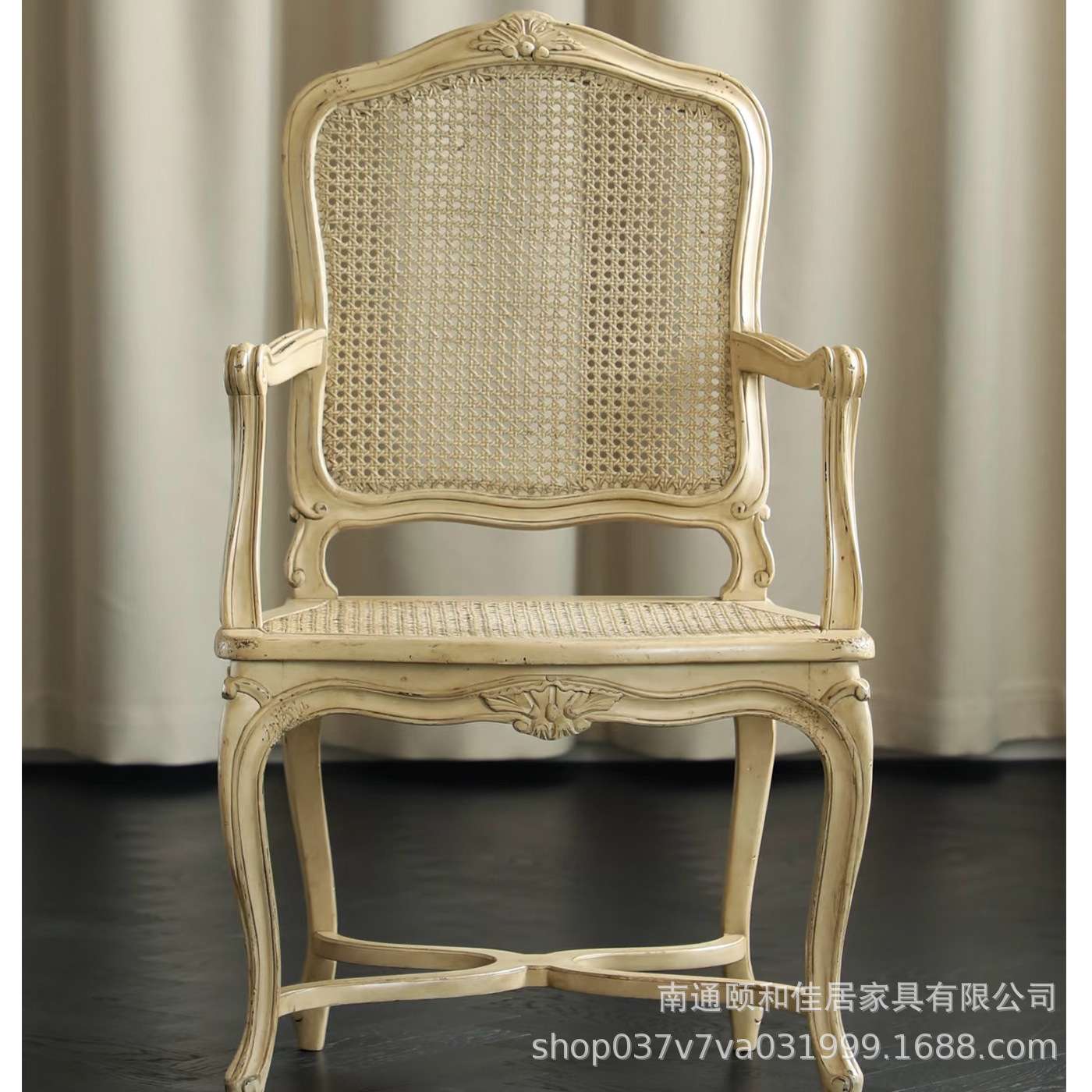 法式中古风实木雕花椅复古藤编做旧餐椅高级影楼艺术休闲扶手椅