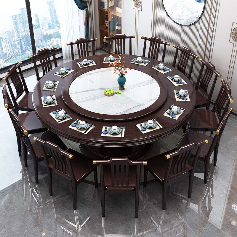 新中式岩板餐桌餐椅组合实木简约现代圆形大家庭饭桌家用聚会餐