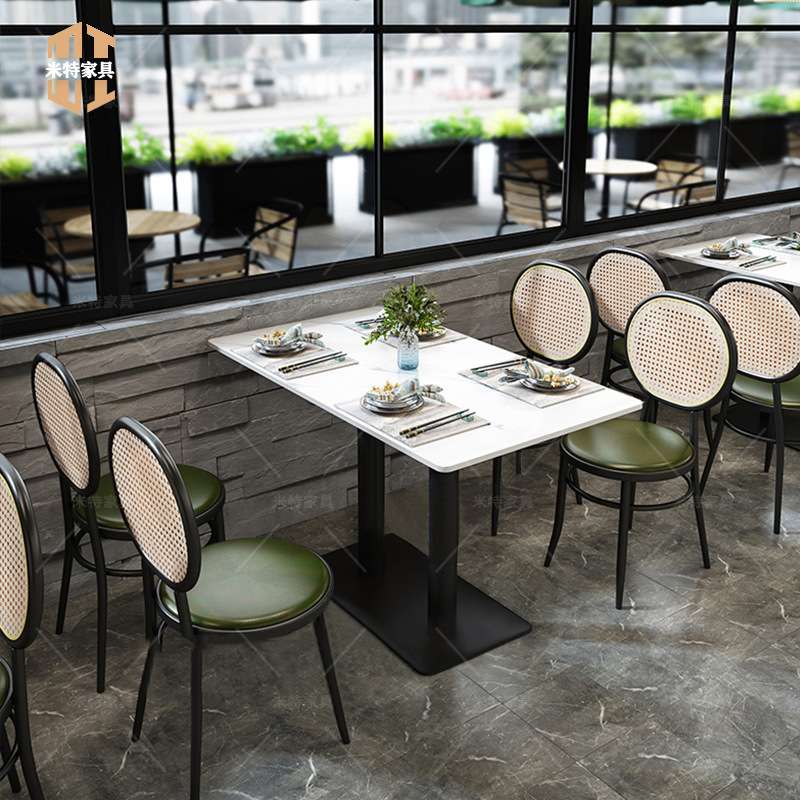 主题铁艺编藤椅茶餐厅奶茶咖啡店桌椅组合餐厅岩板桌子甜品店椅子