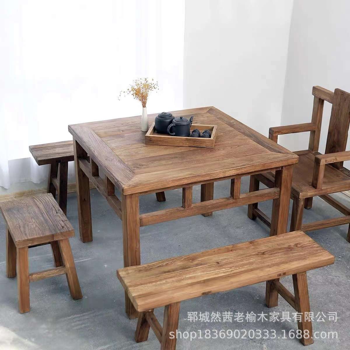 复古老榆木餐桌餐厅多人位吃饭桌椅实木八仙桌酒店餐馆组合餐桌