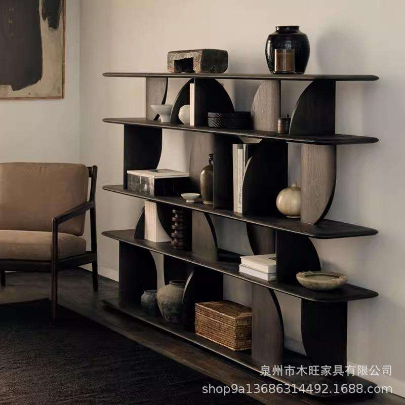 北欧复古靠墙实木书架家用客厅创意设计师多宝格服装店陈列架书柜