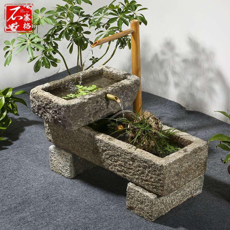 老石槽鱼缸石盆方形弧形水槽阳台流水景观石头复古怀旧家用造景雕