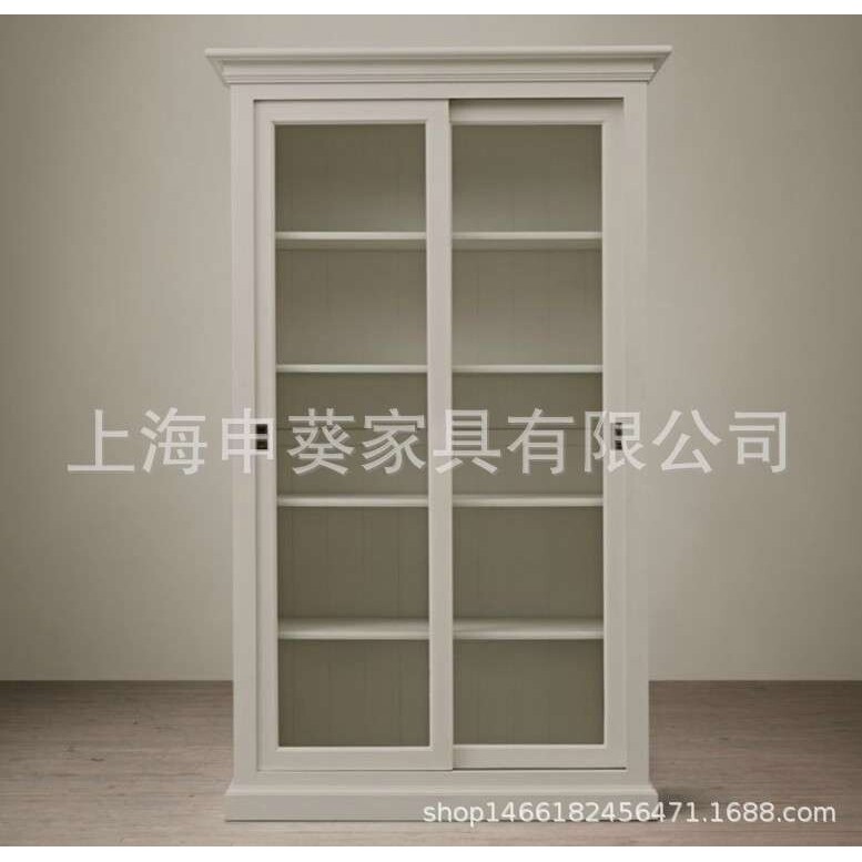 美式实木橡木复古做旧酒柜 法式餐边柜双门别墅移门玻璃橱柜