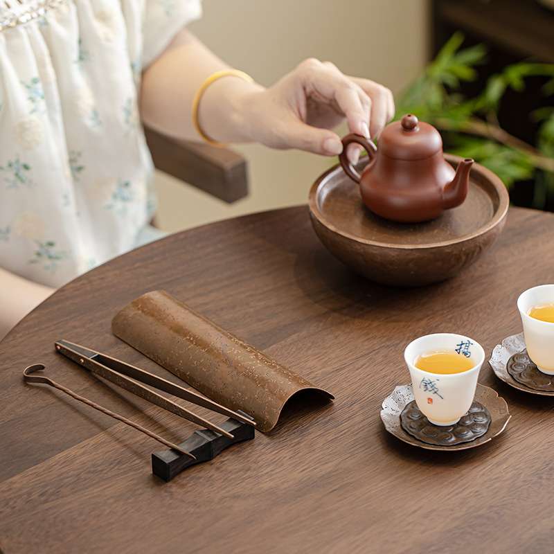 手工仿古纯紫铜茶则四件套茶铲 茶匙茶拨铜艺茶道配件日式茶配件