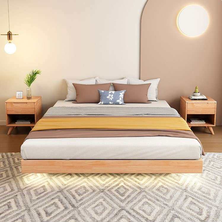 全实木床 榻榻米 橡胶木床 无床头带灯悬浮床 北欧实木床原木风床