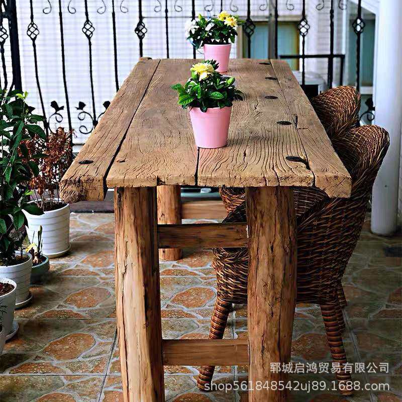老榆木门板茶桌台风化民宿饭店桌椅老木头复古餐桌怀旧木板原木茶