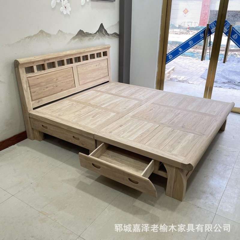 老榆木实木床双人大床小户型单人床1.8米2米新中式卧室家具