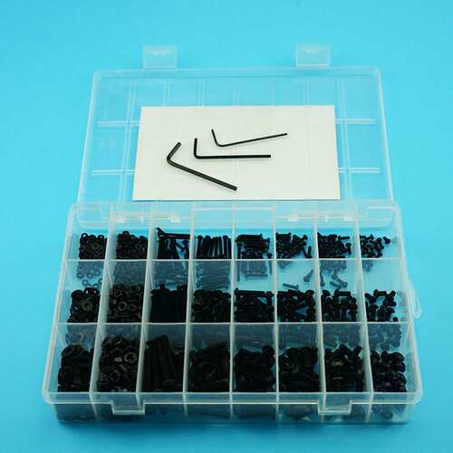 1080pcs 高强度黑色盘头内六角螺丝M2 M3 M4 配螺母平垫扳手套装