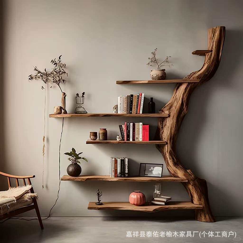 复古老榆木博古架办公室立式茶具割草机/草坪机