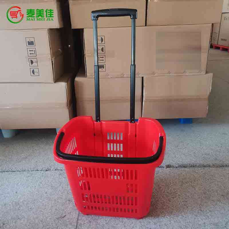 供应超市拉杆购物篮 塑料带轮拉杆篮 商场塑料拉杆购物蓝 厂家直