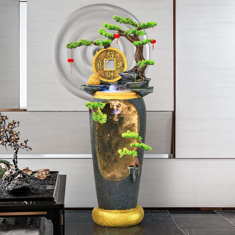 新中式流水喷泉电视柜旁边轻奢落地禅意庭院景观玄关客厅假山摆件