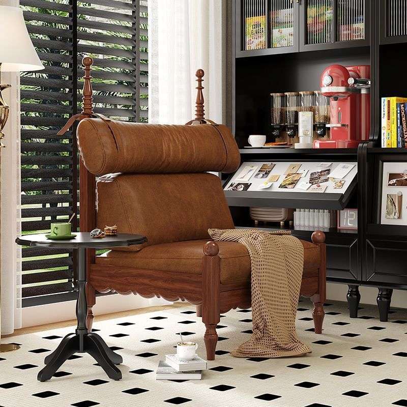 复古油蜡皮单人沙发椅客厅家用设计师款创意房中古洽谈椅轻奢实木