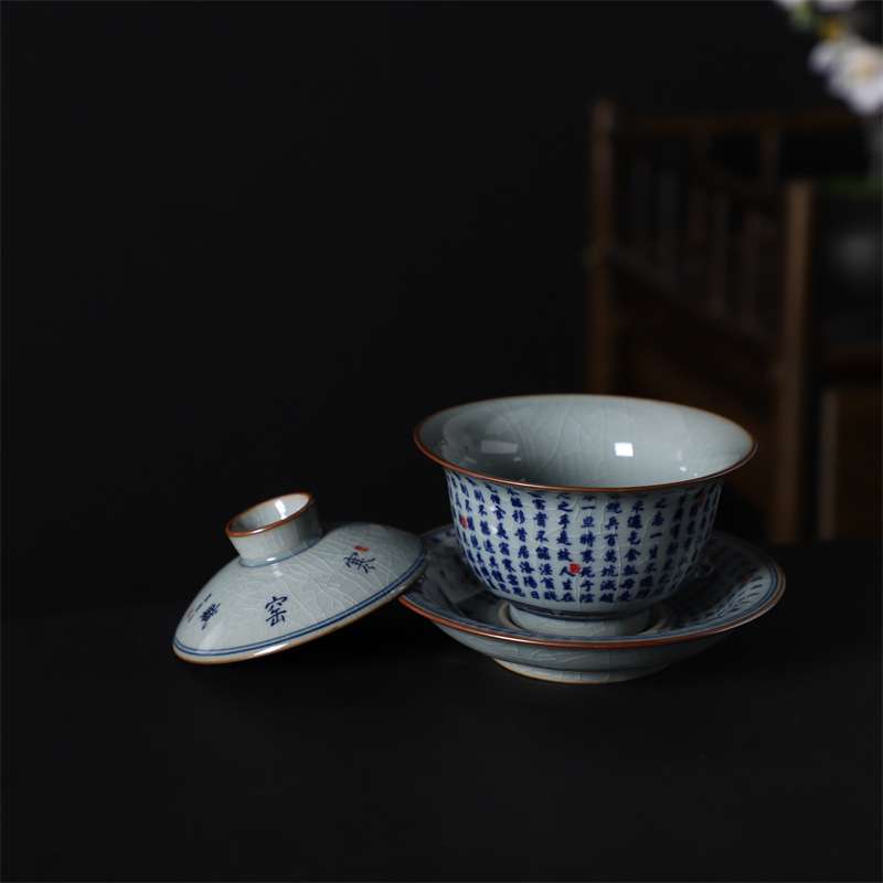 青花老陶泥元宝三才盖碗茶具陶瓷寒窑赋 爱莲说茶碗复古春茶