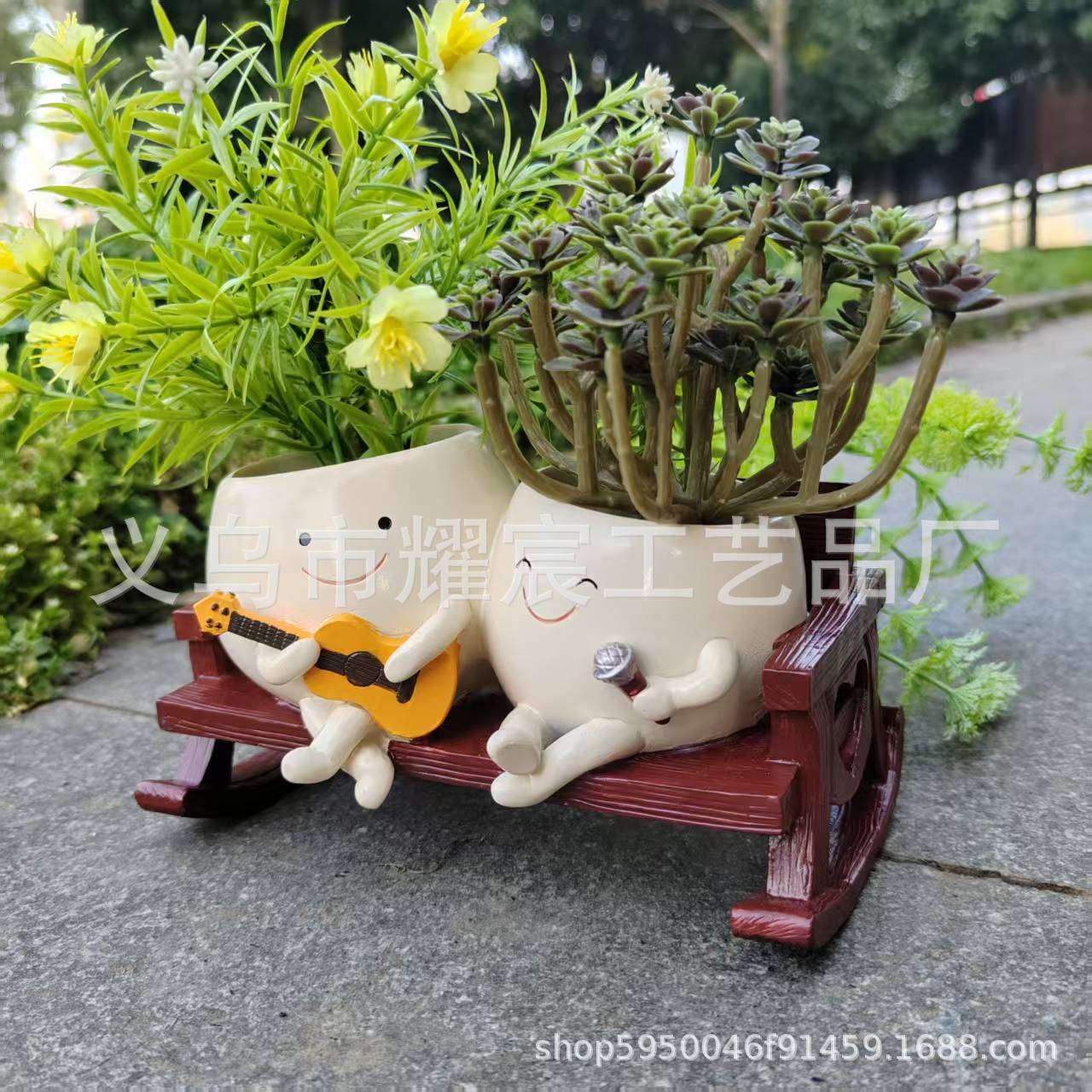 跨境创意多肉花盆树脂装饰摆件家居庭院唱歌款多肉花盆工艺品