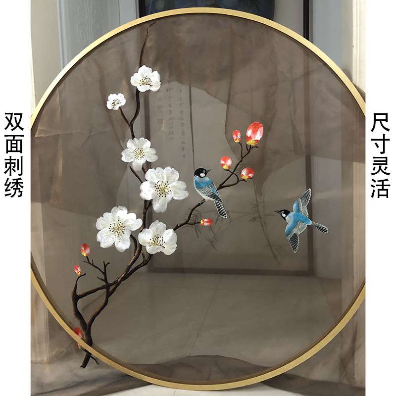 现货苏绣双面机器刺绣半透明纱布屏风玄关隔断画心芯圆框装修设计