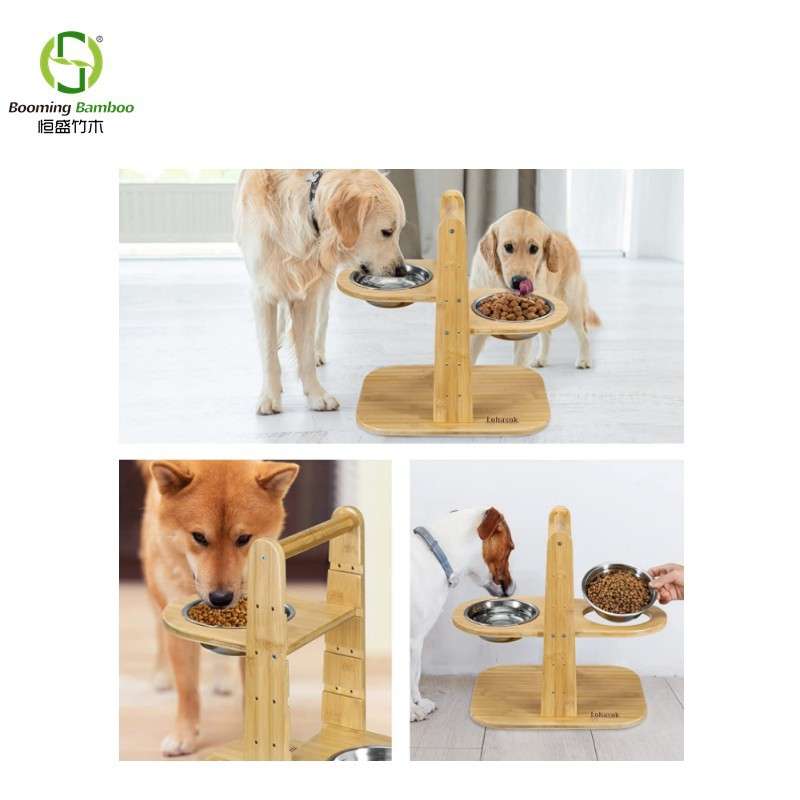 恒盛Booming竹制狗碗架大型犬狗狗喂食碗架可调节高度木制宠物碗